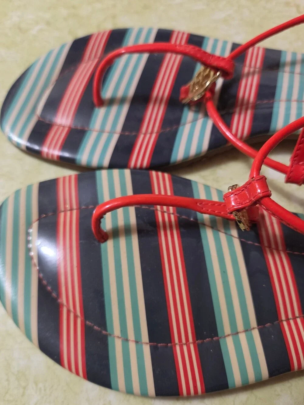Tory Burch Red Strap Blue & Red Striped Footbed Sandals